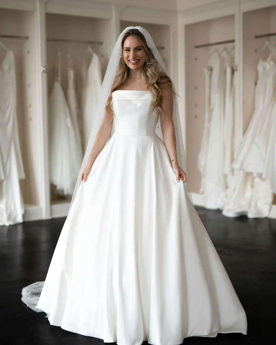 A bride in a satin A-line dress in a bridal salon