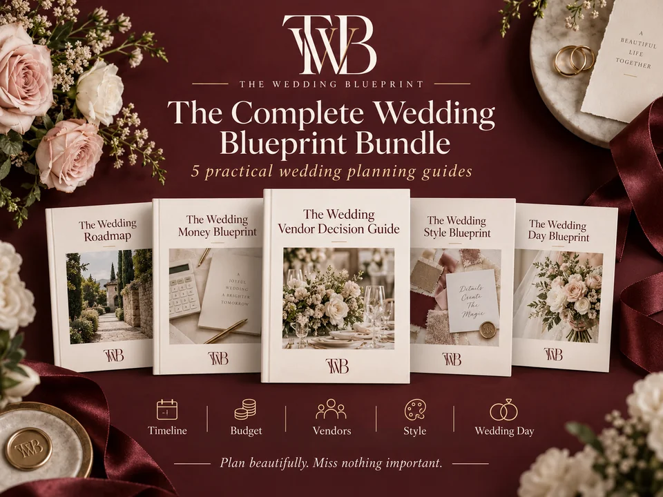 All five wedding planning PDF guides displayed as physical book mockups