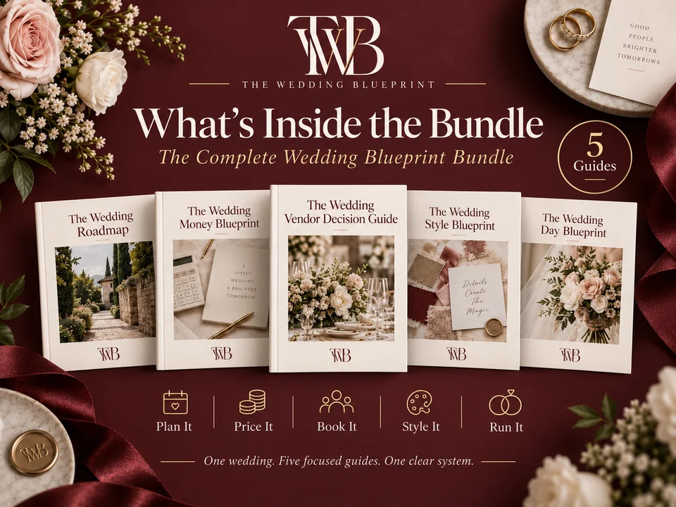 What is inside the bundle: five wedding planning guides, from Plan it to Run it