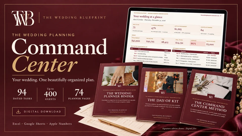 The Wedding Planning Command Center cover, shown with product mockups