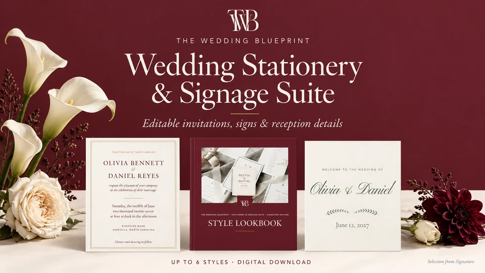 The Wedding Stationery & Signage Suite cover, shown with product mockups