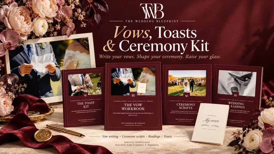The Vows, Toasts & Ceremony Kit cover, shown with product mockups