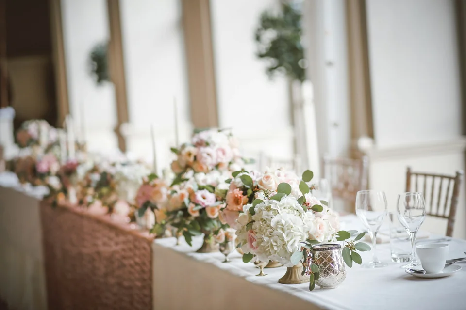 A reception space prepared for a wedding celebration
